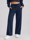 YUCOLEN Women's Sherpa Lined Wide Leg Pants 370G Thermal Fleece Sweatpants in Navy