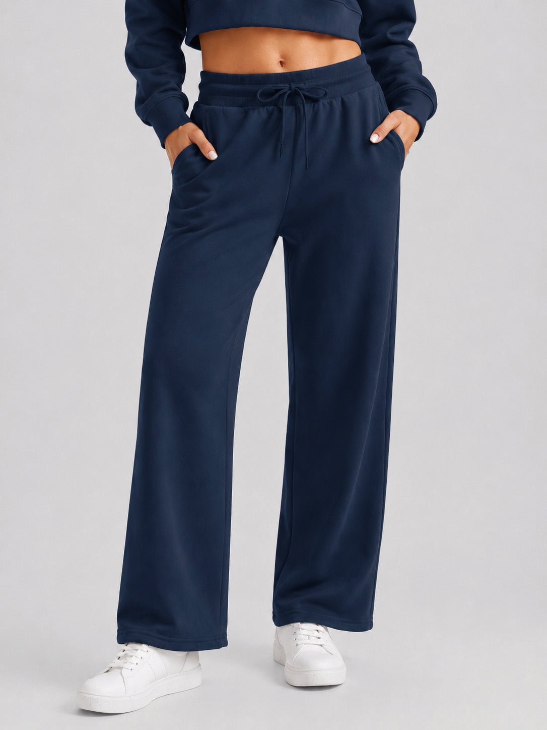 YUCOLEN Women's Sherpa Lined Wide Leg Pants 370G Thermal Fleece Sweatpants in Navy