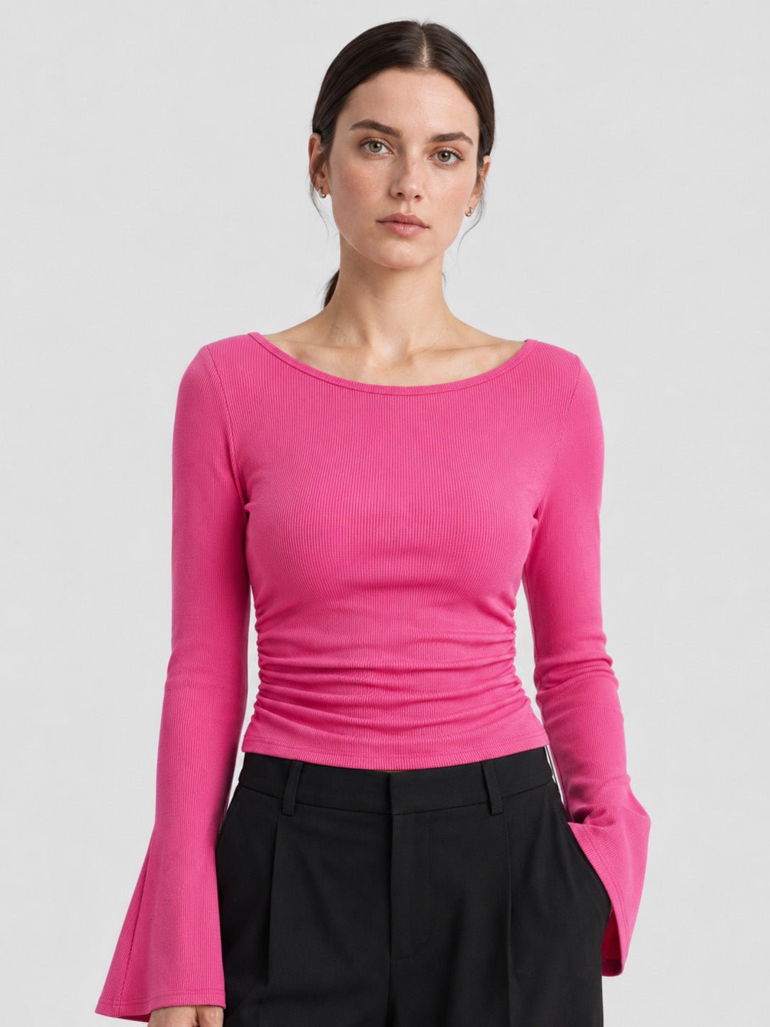 YUCOLEN Women's Bell Long Sleeve Boat Neck Ribbed Ruched Top Slim Fit Y2K Fall Blouse in Rose Red