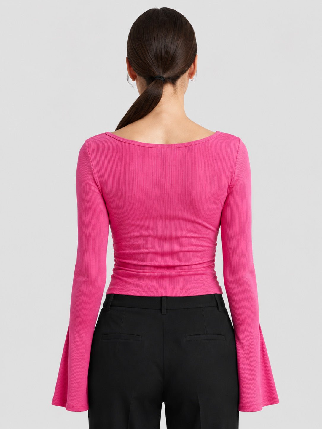 YUCOLEN Women's Bell Long Sleeve Boat Neck Ribbed Ruched Top Slim Fit Y2K Fall Blouse in Rose Red