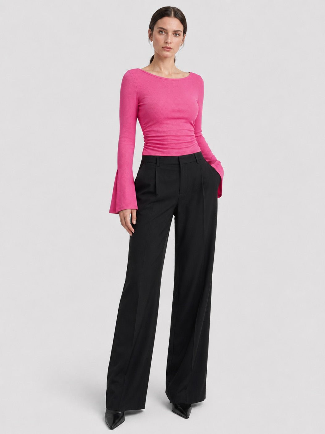 YUCOLEN Women's Bell Long Sleeve Boat Neck Ribbed Ruched Top Slim Fit Y2K Fall Blouse in Rose Red