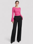 YUCOLEN Women's Bell Long Sleeve Boat Neck Ribbed Ruched Top Slim Fit Y2K Fall Blouse in Rose Red
