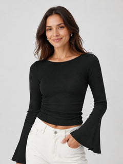 YUCOLEN Women's Bell Long Sleeve Boat Neck Ribbed Ruched Top Slim Fit Y2K Fall Blouse in Black