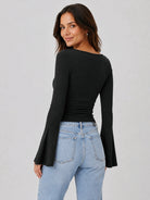 YUCOLEN Women's Bell Long Sleeve Boat Neck Ribbed Ruched Top Slim Fit Y2K Fall Blouse in Black