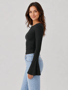 YUCOLEN Women's Bell Long Sleeve Boat Neck Ribbed Ruched Top Slim Fit Y2K Fall Blouse in Black