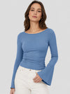YUCOLEN Women's Bell Long Sleeve Boat Neck Ribbed Ruched Top Slim Fit Y2K Fall Blouse in Blue