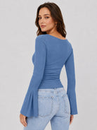 YUCOLEN Women's Bell Long Sleeve Boat Neck Ribbed Ruched Top Slim Fit Y2K Fall Blouse in Blue
