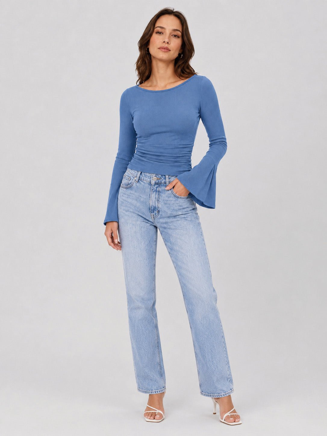 YUCOLEN Women's Bell Long Sleeve Boat Neck Ribbed Ruched Top Slim Fit Y2K Fall Blouse in Blue