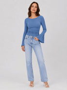 YUCOLEN Women's Bell Long Sleeve Boat Neck Ribbed Ruched Top Slim Fit Y2K Fall Blouse in Blue