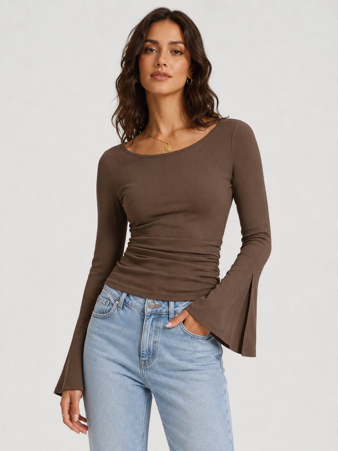 YUCOLEN Women's Bell Long Sleeve Boat Neck Ribbed Ruched Top Slim Fit Y2K Fall Blouse in Brown