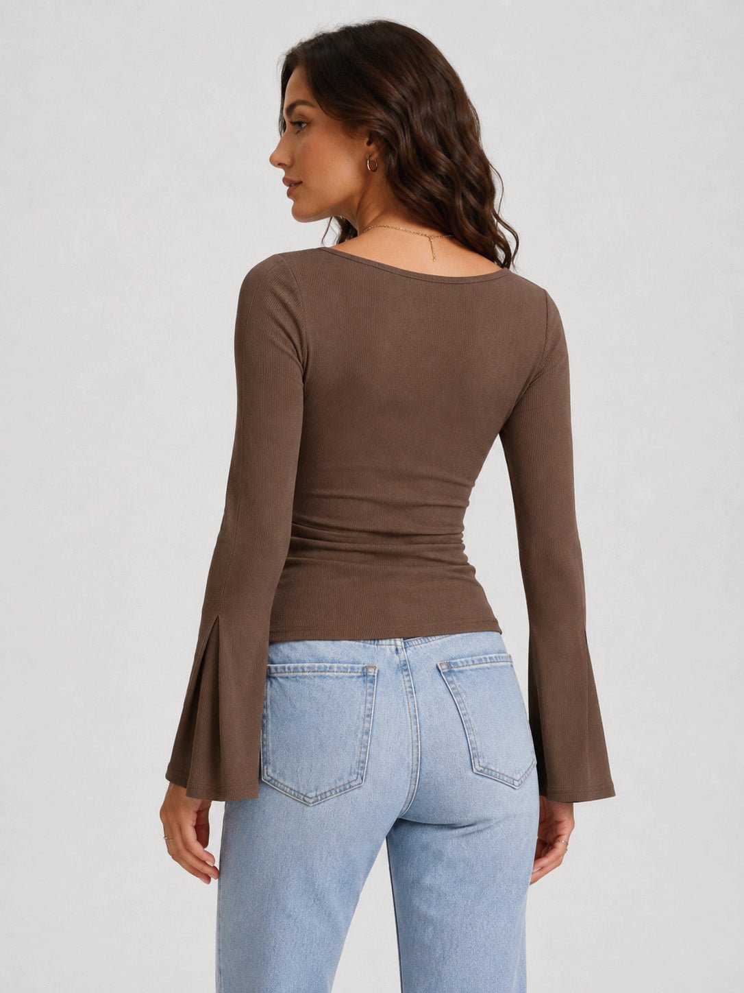 YUCOLEN Women's Bell Long Sleeve Boat Neck Ribbed Ruched Top Slim Fit Y2K Fall Blouse in Brown