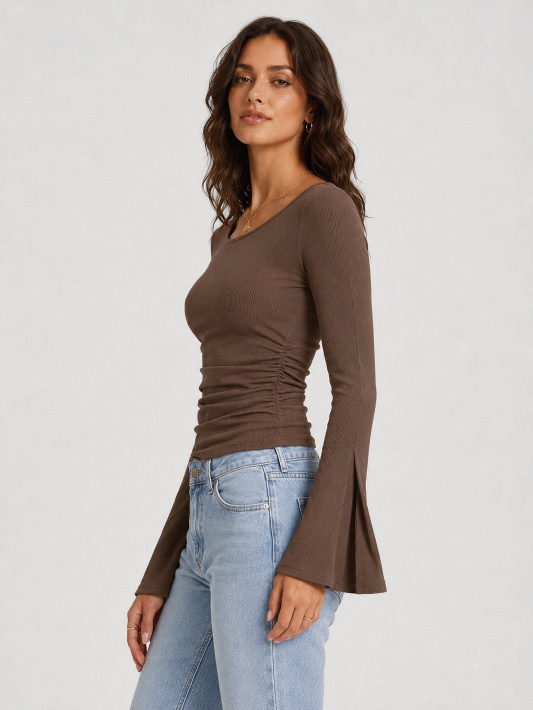 YUCOLEN Women's Bell Long Sleeve Boat Neck Ribbed Ruched Top Slim Fit Y2K Fall Blouse in Brown