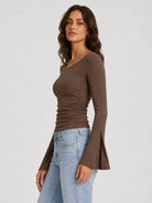 YUCOLEN Women's Bell Long Sleeve Boat Neck Ribbed Ruched Top Slim Fit Y2K Fall Blouse in Brown
