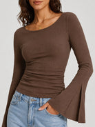 YUCOLEN Women's Bell Long Sleeve Boat Neck Ribbed Ruched Top Slim Fit Y2K Fall Blouse in Brown
