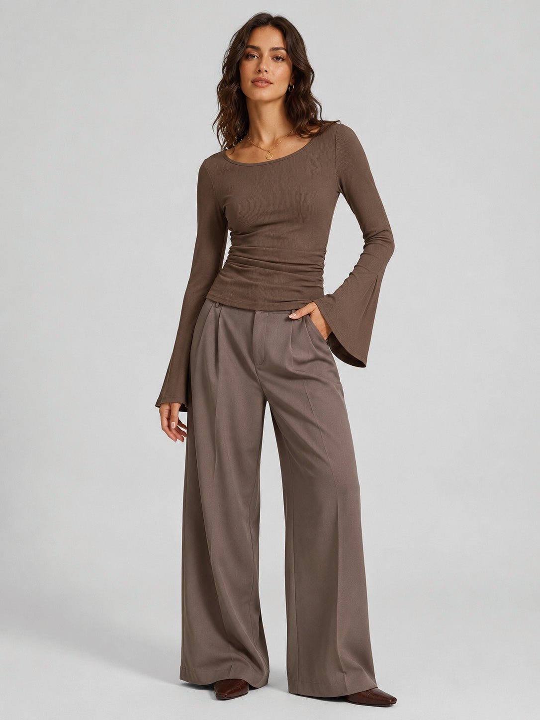 YUCOLEN Women's Bell Long Sleeve Boat Neck Ribbed Ruched Top Slim Fit Y2K Fall Blouse in Brown