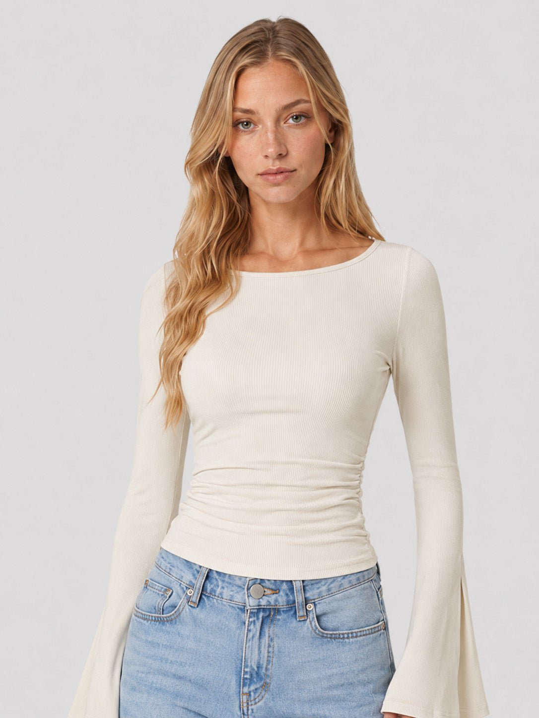YUCOLEN Women's Bell Long Sleeve Boat Neck Ribbed Ruched Top Slim Fit Y2K Fall Blouse in White
