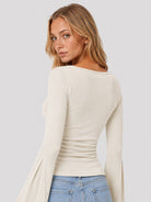 YUCOLEN Women's Bell Long Sleeve Boat Neck Ribbed Ruched Top Slim Fit Y2K Fall Blouse in White