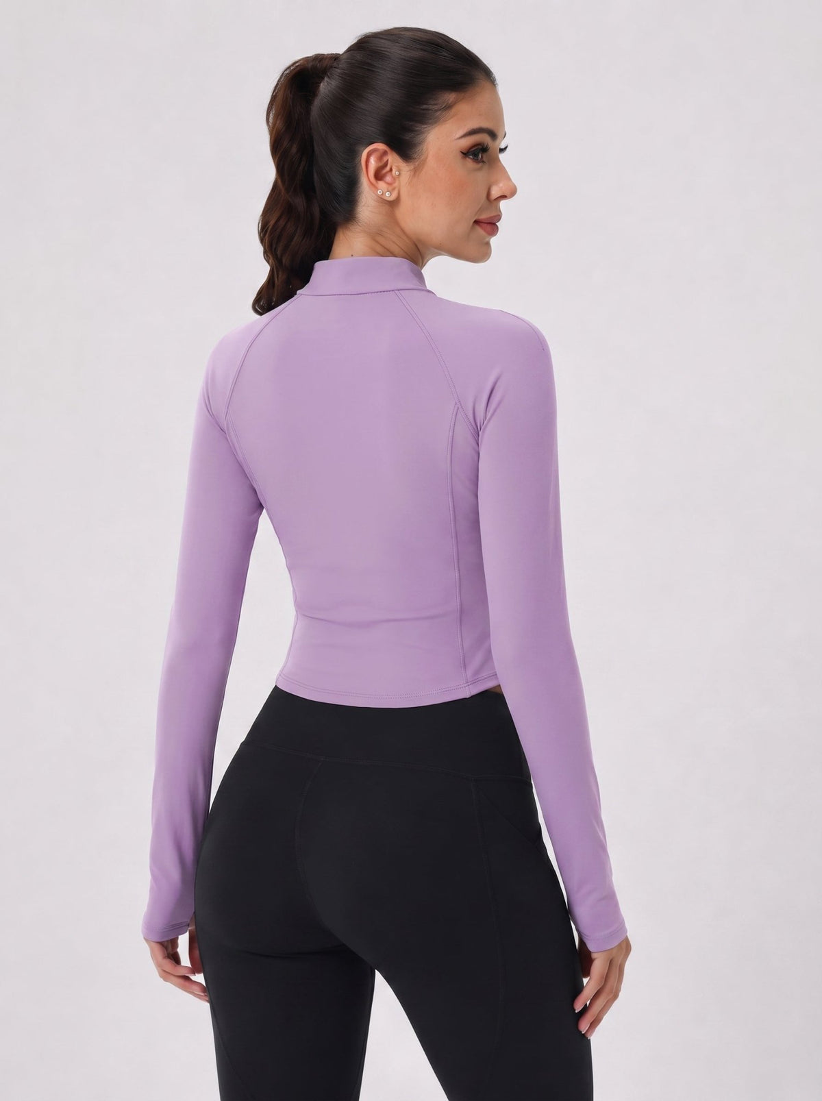 YUCOLEN Women's Cropped Full-Zip Athletic Jacket Slim Fit Workout Top with Thumbholes in Light Purple