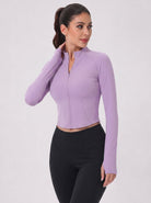 YUCOLEN Women's Cropped Full-Zip Athletic Jacket Slim Fit Workout Top with Thumbholes in Light Purple