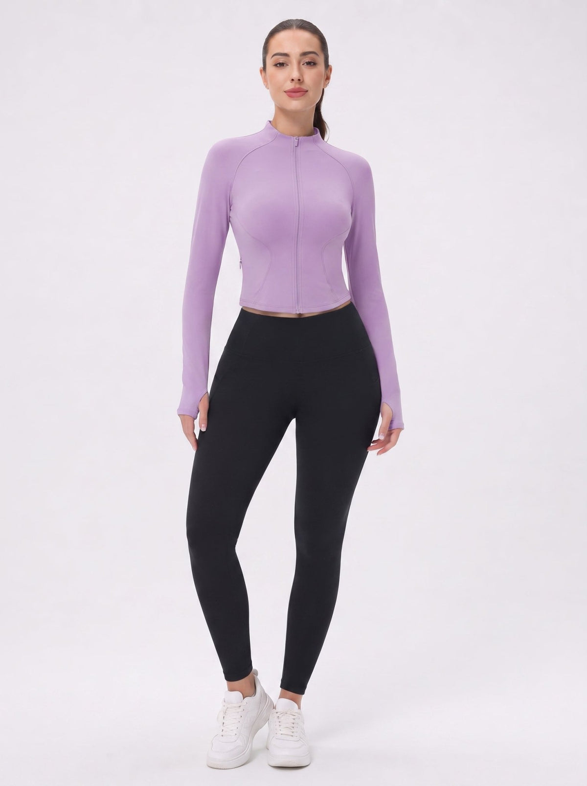 YUCOLEN Women's Cropped Full-Zip Athletic Jacket Slim Fit Workout Top with Thumbholes in Light Purple