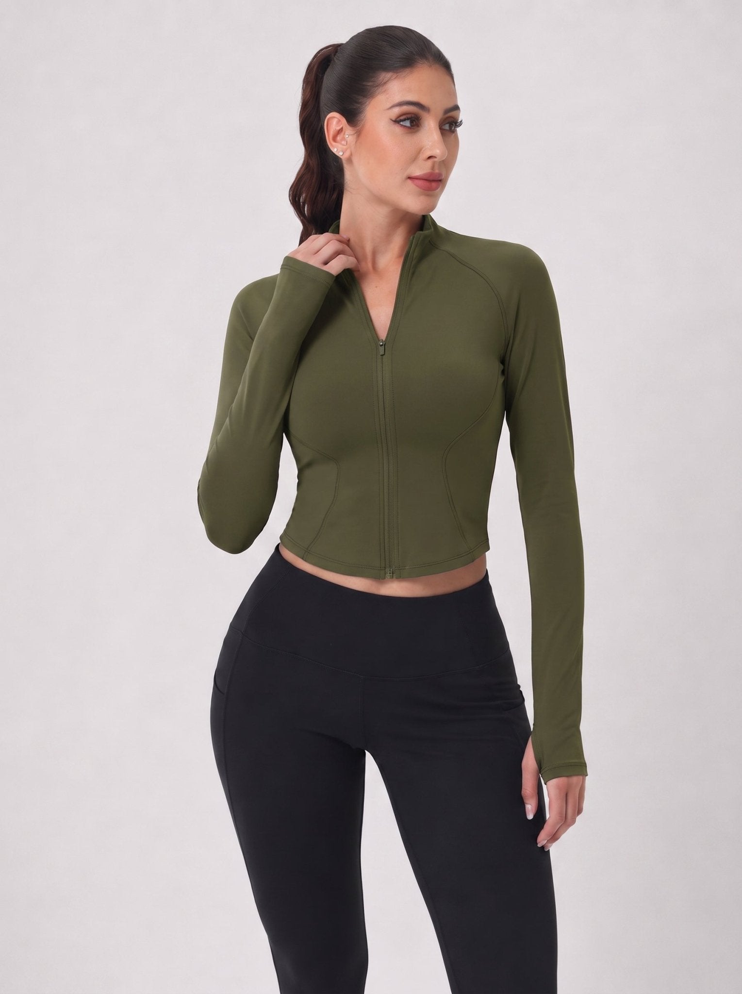 YUCOLEN Women's Cropped Full-Zip Athletic Jacket Slim Fit Workout Top with Thumbholes in Army Green
