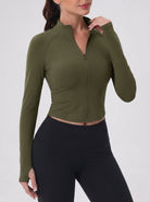 YUCOLEN Women's Cropped Full-Zip Athletic Jacket Slim Fit Workout Top with Thumbholes in Army Green
