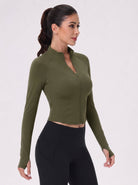 YUCOLEN Women's Cropped Full-Zip Athletic Jacket Slim Fit Workout Top with Thumbholes in Army Green