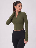 YUCOLEN Women's Cropped Full-Zip Athletic Jacket Slim Fit Workout Top with Thumbholes in Army Green