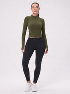 YUCOLEN Women's Cropped Full-Zip Athletic Jacket Slim Fit Workout Top with Thumbholes in Army Green