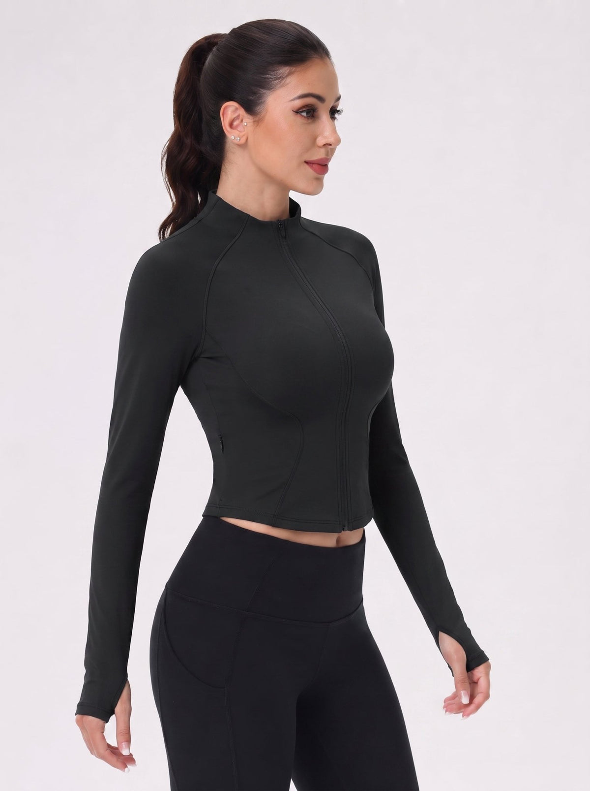 YUCOLEN Women's Cropped Full-Zip Athletic Jacket Slim Fit Workout Top with Thumbholes in Black
