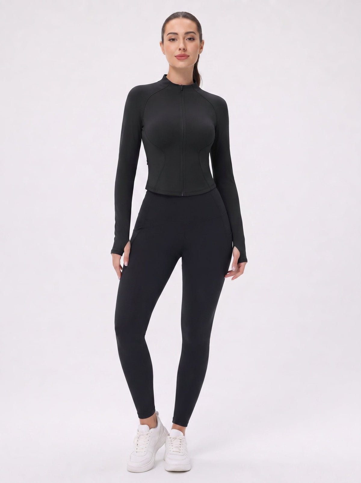YUCOLEN Women's Cropped Full-Zip Athletic Jacket Slim Fit Workout Top with Thumbholes in Black