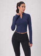 YUCOLEN Women's Cropped Full-Zip Athletic Jacket Slim Fit Workout Top with Thumbholes in Navy