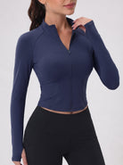 YUCOLEN Women's Cropped Full-Zip Athletic Jacket Slim Fit Workout Top with Thumbholes in Navy