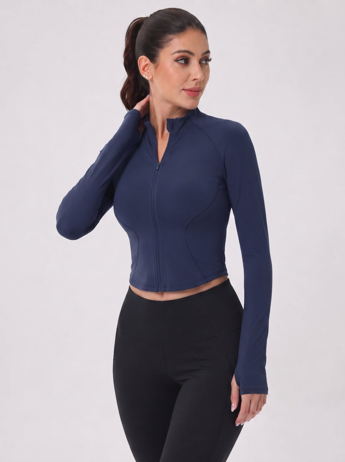 YUCOLEN Women's Cropped Full-Zip Athletic Jacket Slim Fit Workout Top with Thumbholes in Navy