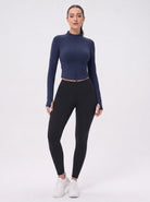 YUCOLEN Women's Cropped Full-Zip Athletic Jacket Slim Fit Workout Top with Thumbholes in Navy