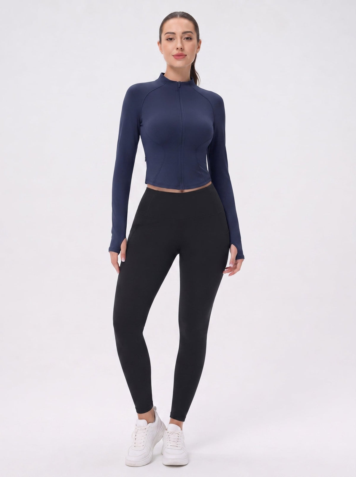 YUCOLEN Women's Cropped Full-Zip Athletic Jacket Slim Fit Workout Top with Thumbholes in Navy