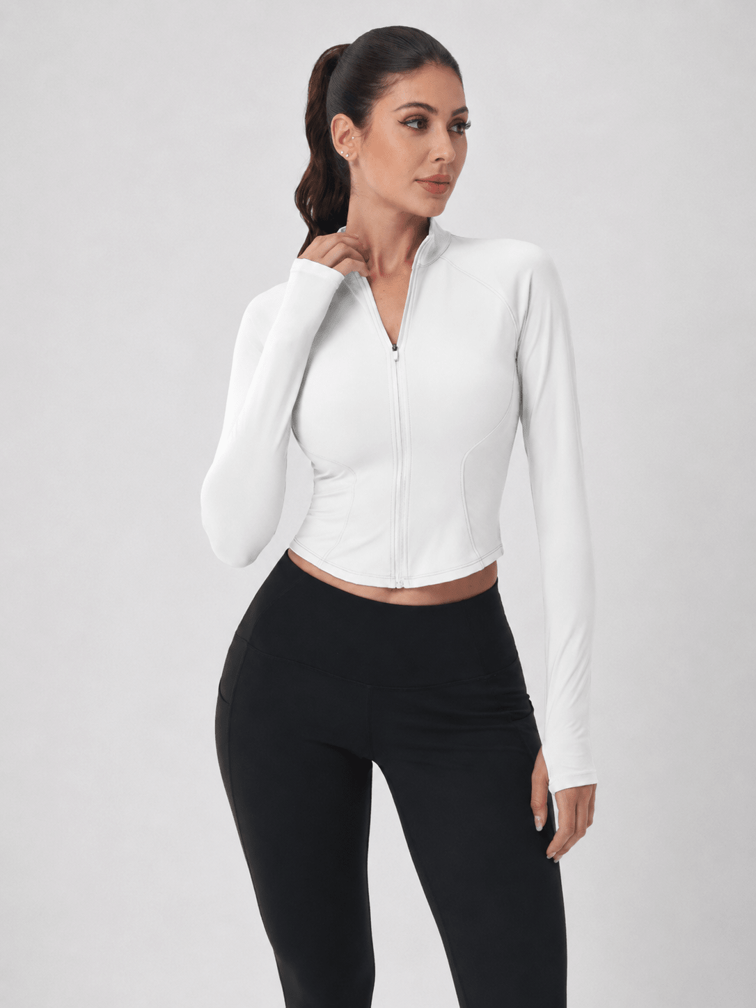 YUCOLEN Women's Cropped Full-Zip Athletic Jacket Slim Fit Workout Top with Thumbholes in White