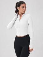YUCOLEN Women's Cropped Full-Zip Athletic Jacket Slim Fit Workout Top with Thumbholes in White