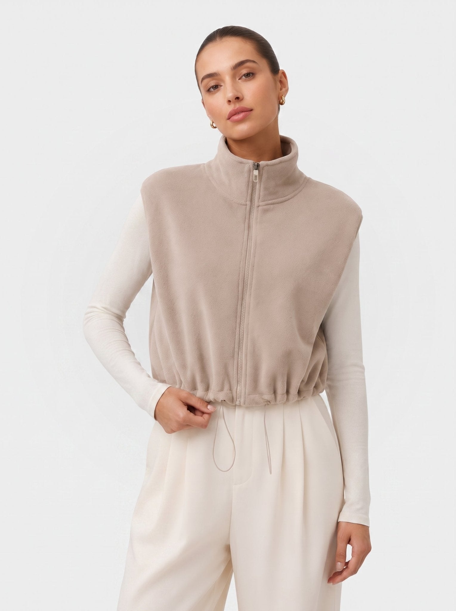 YUCOLEN Women‘s Full Zip Polar Fleece Cropped Vest Lightweight Stand Collar Sleeveless Jacket with Drawstring Hem in Khaki