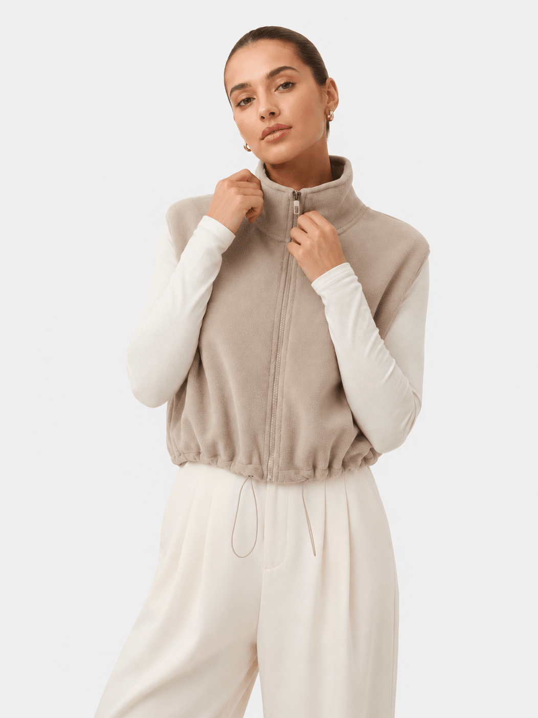 YUCOLEN Women‘s Full Zip Polar Fleece Cropped Vest Lightweight Stand Collar Sleeveless Jacket with Drawstring Hem in Khaki