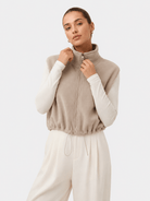YUCOLEN Women‘s Full Zip Polar Fleece Cropped Vest Lightweight Stand Collar Sleeveless Jacket with Drawstring Hem in Khaki