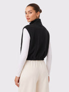 YUCOLEN Women‘s Full Zip Polar Fleece Cropped Vest Lightweight Stand Collar Sleeveless Jacket with Drawstring Hem in Black