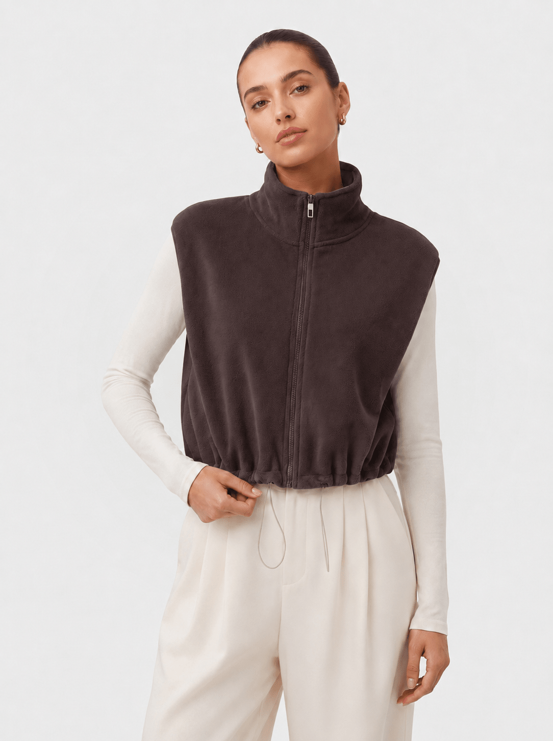 YUCOLEN Women‘s Full Zip Polar Fleece Cropped Vest Lightweight Stand Collar Sleeveless Jacket with Drawstring Hem in Khaki