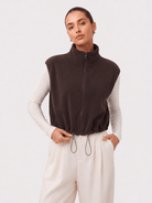 YUCOLEN Women‘s Full Zip Polar Fleece Cropped Vest Lightweight Stand Collar Sleeveless Jacket with Drawstring Hem in Khaki