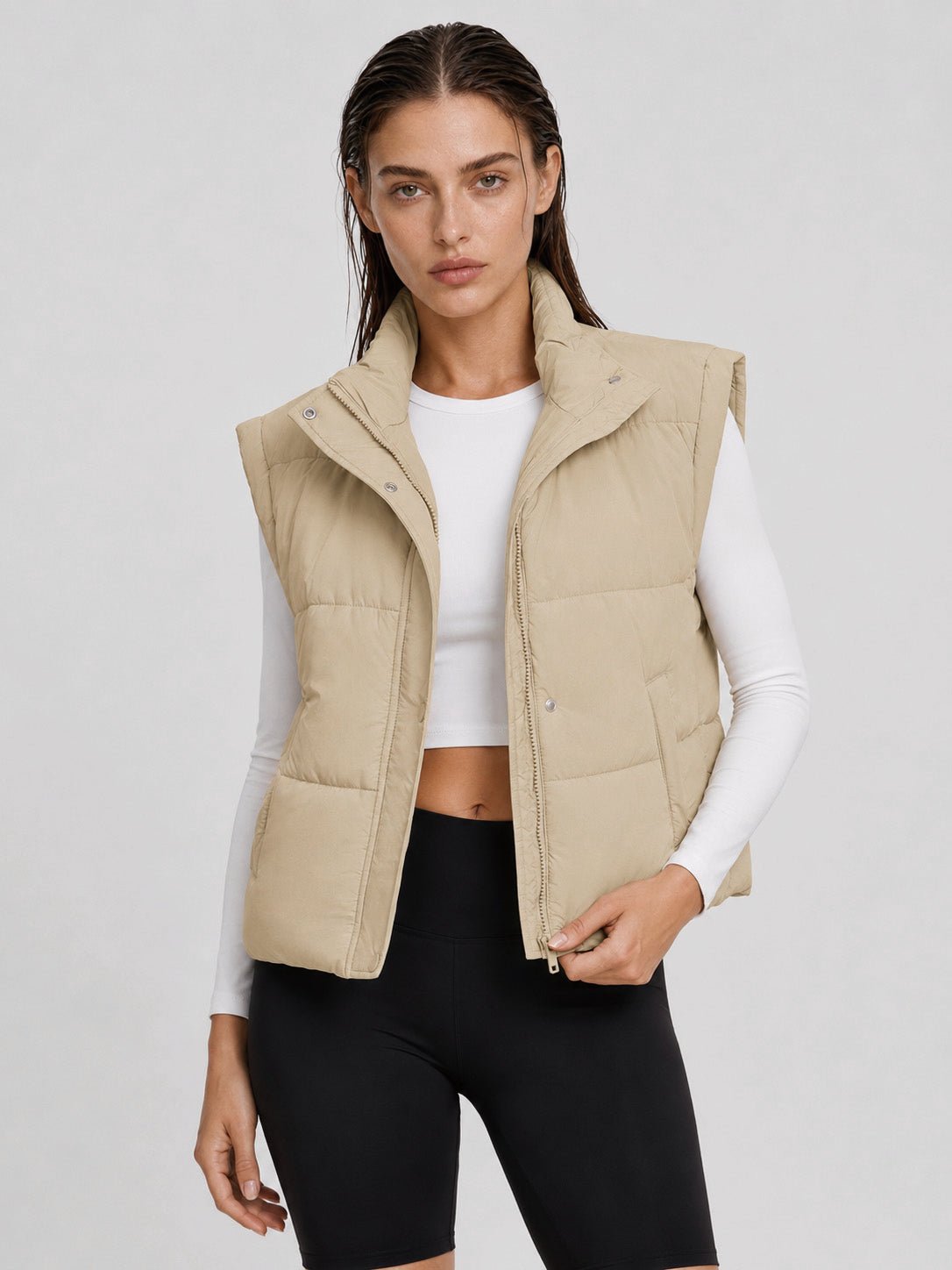 YUCOLEN Women's Cropped Puffer Vest Lightweight Windproof Insulated Gilet with Pockets in Light Champagne