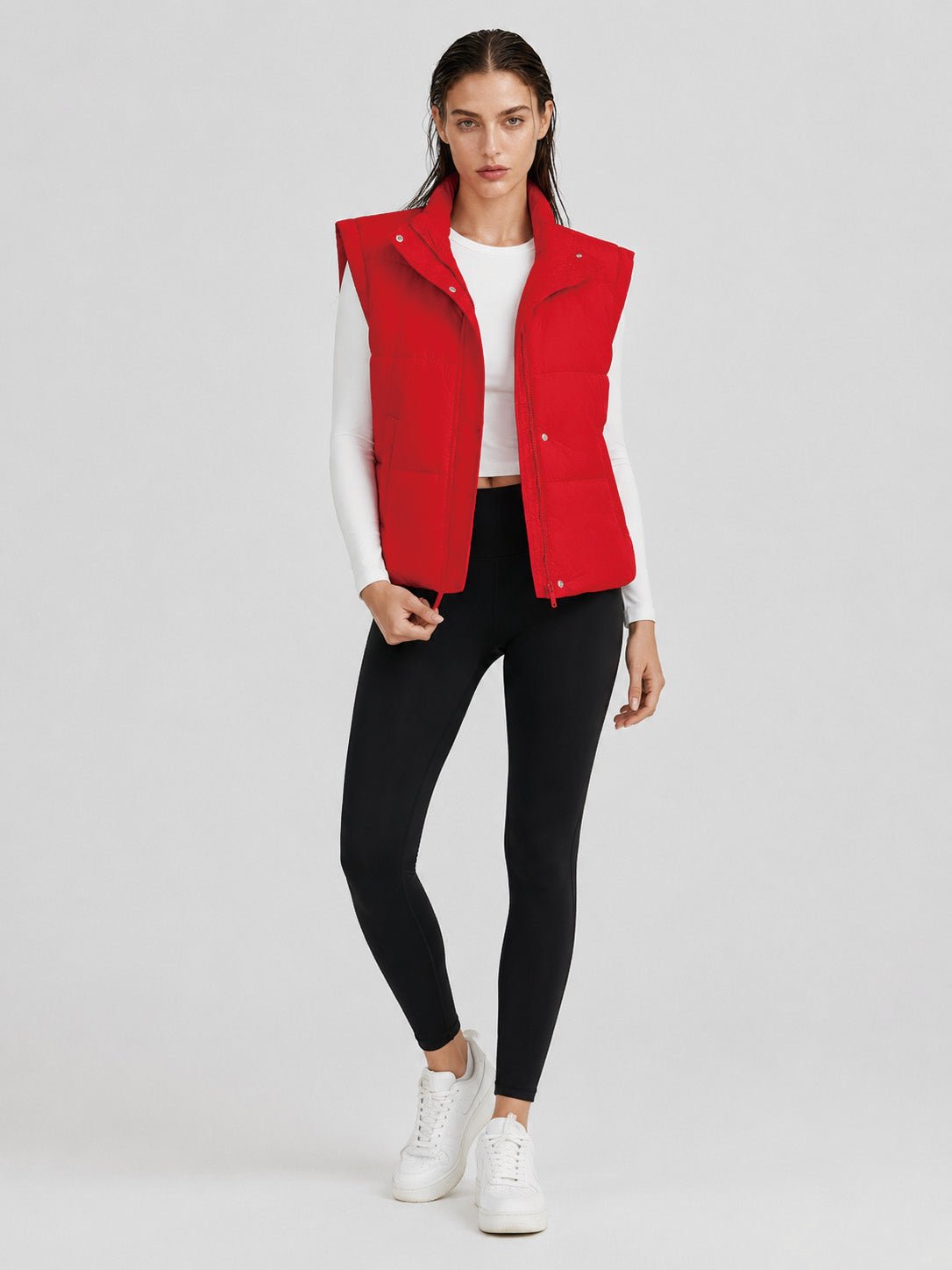 YUCOLEN Women's Cropped Puffer Vest Lightweight Windproof Insulated Gilet with Pockets in Tomato Red