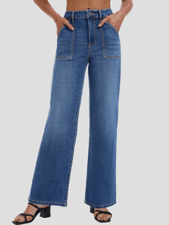 YUCOLEN Women's High Waisted Straight Leg Stretchy Denim Jeans with Pockets in Medium Blue