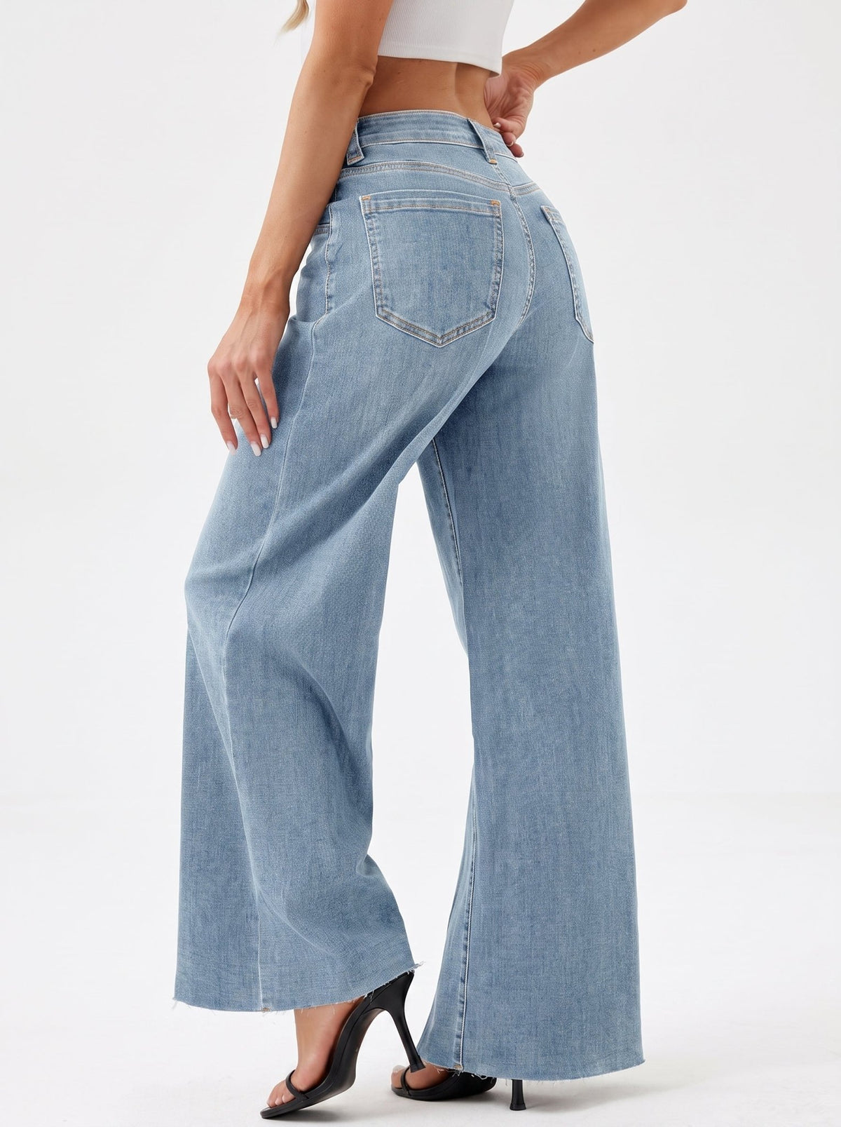 YUCOLEN Women's High Waisted Wide Leg Jeans Stretchy Vintage Loose Denim Pants in Light Blue
