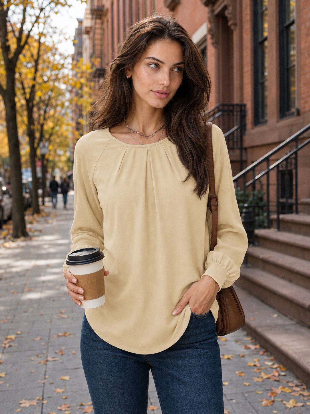 YUCOLEN Women's Lantern Sleeve Pleated Blouse Soft Cotton Rayon Dressy Casual Top in Light Khaki