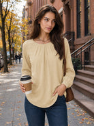 YUCOLEN Women's Lantern Sleeve Pleated Blouse Soft Cotton Rayon Dressy Casual Top in Light Khaki